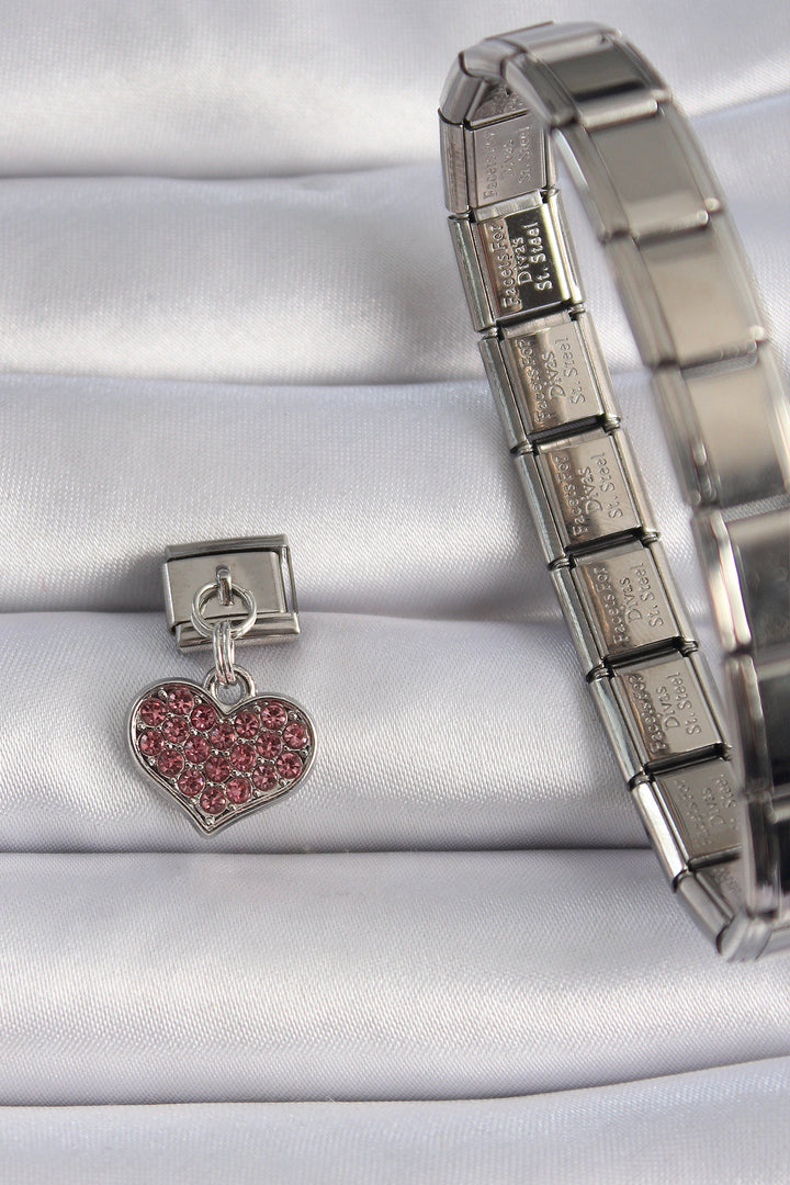 EBJ 316L Steel Silver Color Dangling Pink Zircon Stone Heart Figure Nomination Charm - Tamazunchale