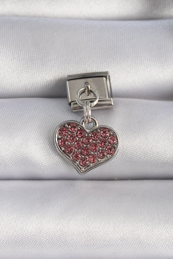 EBJ 316L Steel Silver Color Dangling Pink Zircon Stone Heart Figure Nomination Charm - Tamazunchale