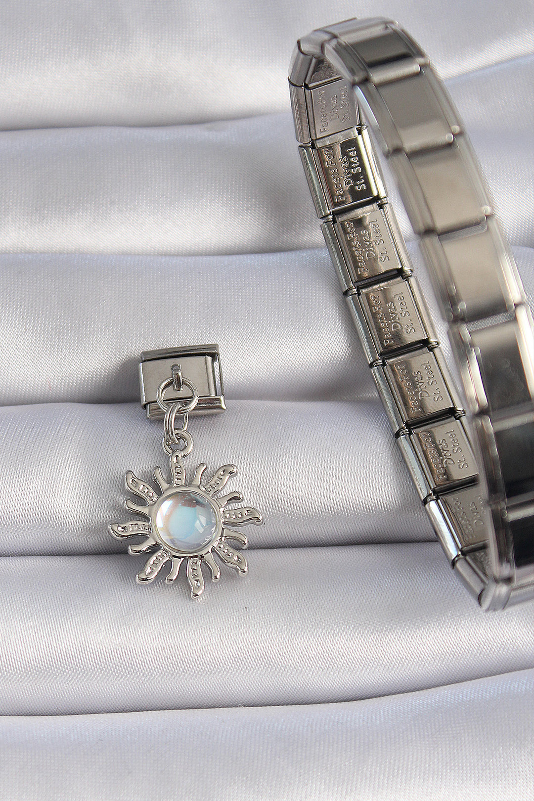 EBJ 316L Steel Silver Color Dangling White Enamel Sun Figure Nomination Charm - Béziers
