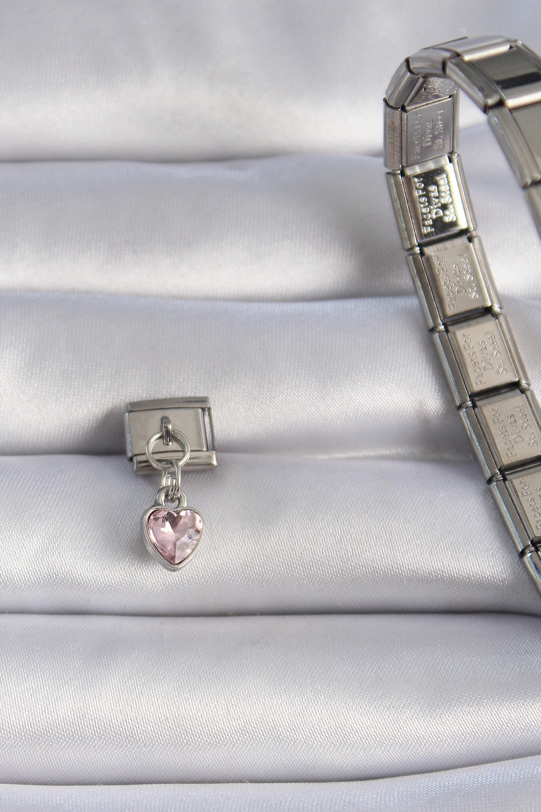 EBJ 316L Steel Silver Color Dangling Pink Zircon Stone Heart Figure Nomination Charm - San Rafael