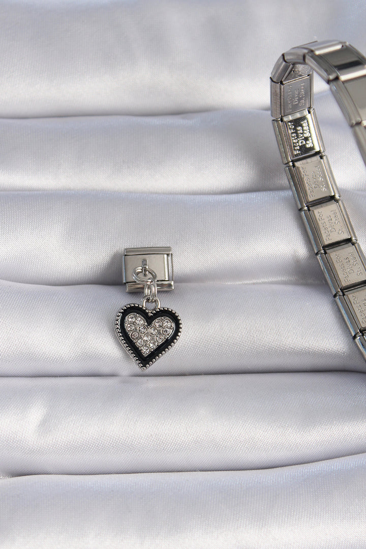 EBJ 316L Stainless Steel Silver Color Dangling Black Heart Figure Nomination Charm with Zircon Stone - Fontana