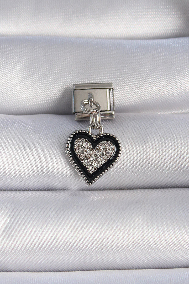 EBJ 316L Stainless Steel Silver Color Dangling Black Heart Figure Nomination Charm with Zircon Stone - Fontana