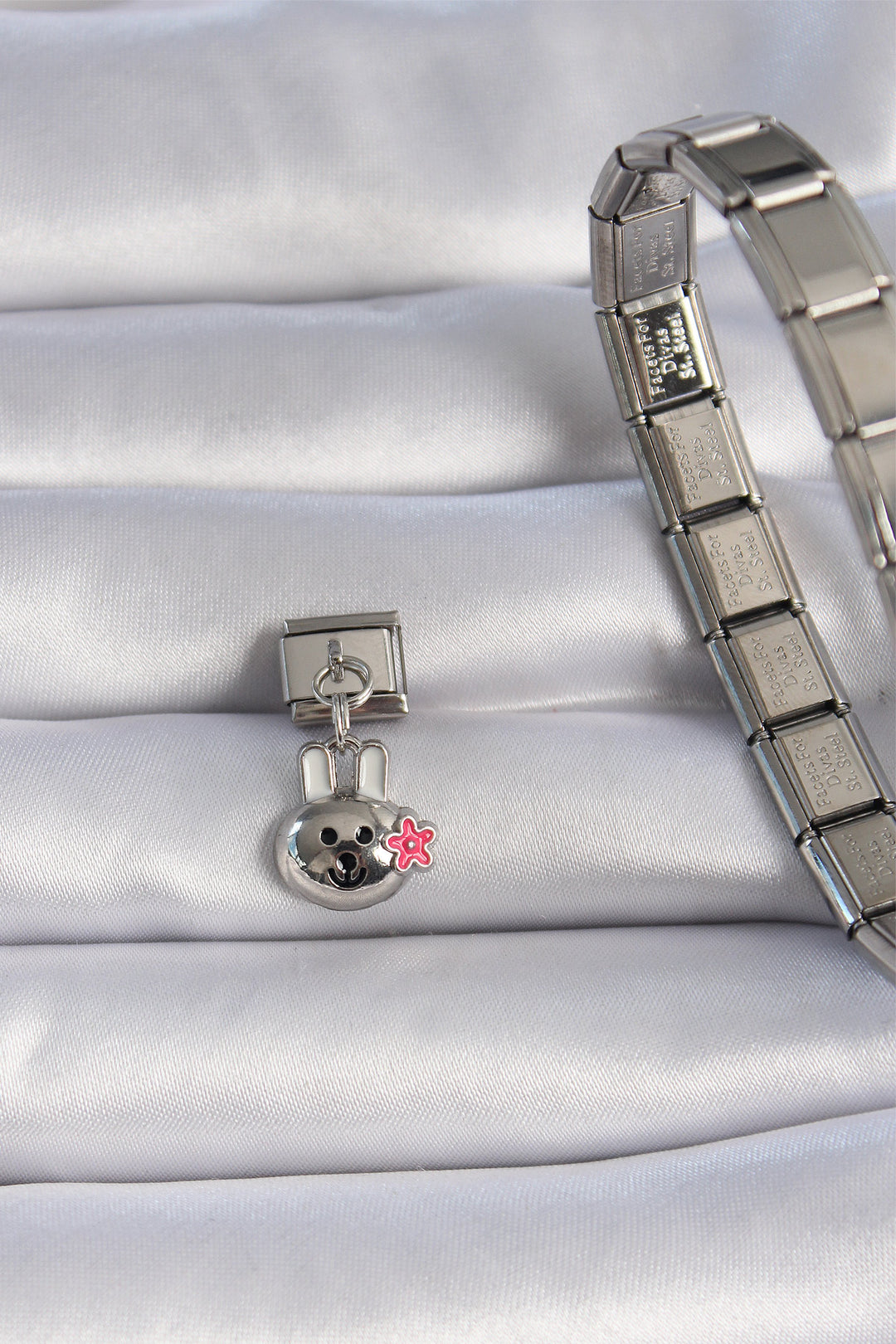 EBJ 316L Steel Silver Color Dangling Rabbit Figure Pink Flower Detail Nomination Charm - Hitchin