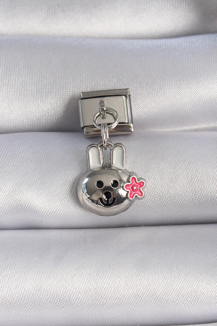 EBJ 316L Steel Silver Color Dangling Rabbit Figure Pink Flower Detail Nomination Charm - Hitchin
