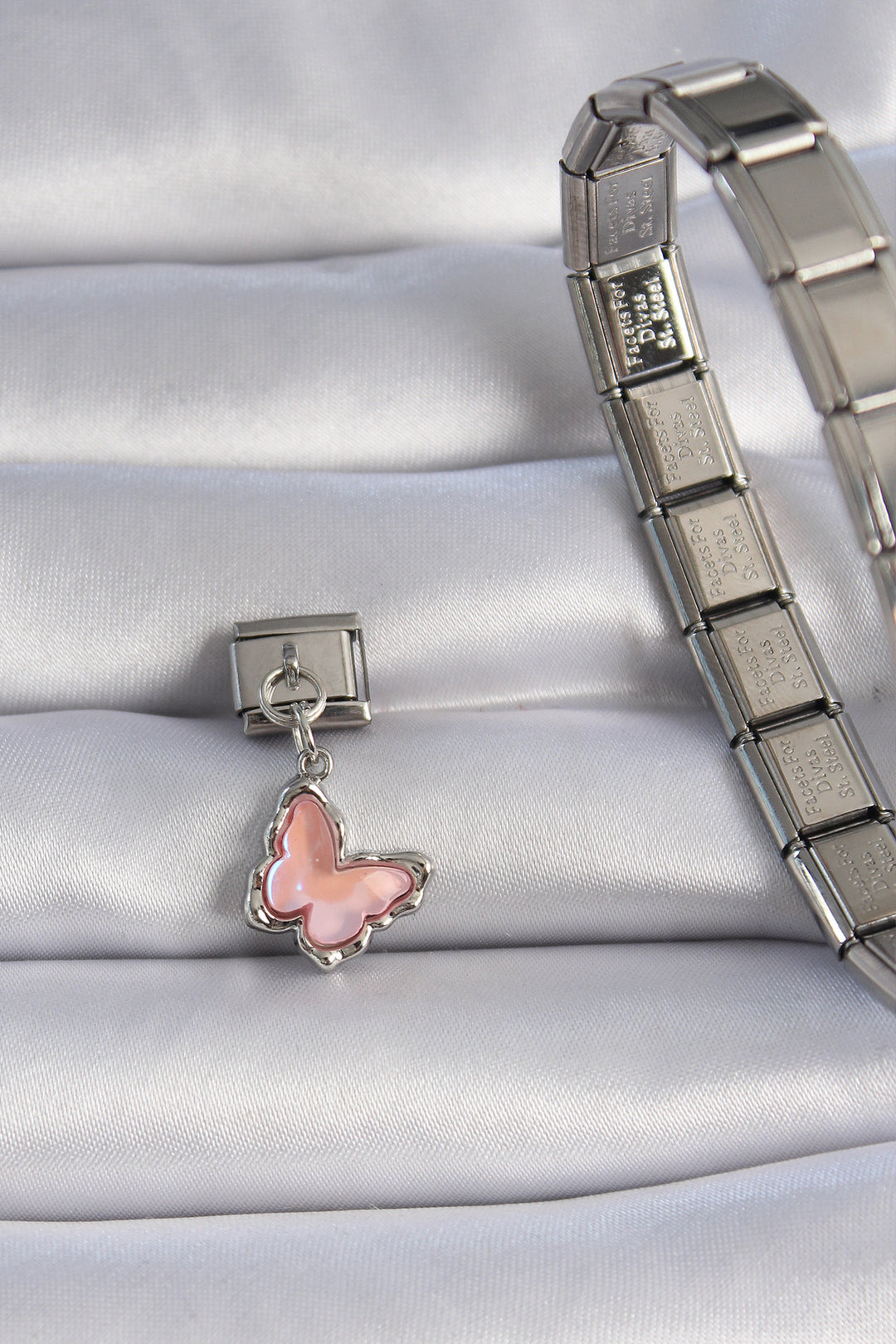 EBJ 316L Stainless Steel Silver Color Dangling Pink Enamel Butterfly Figure Nomination Charm - Everett