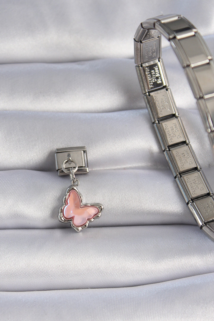 EBJ 316L Stainless Steel Silver Color Dangling Pink Enamel Butterfly Figure Nomination Charm - Everett