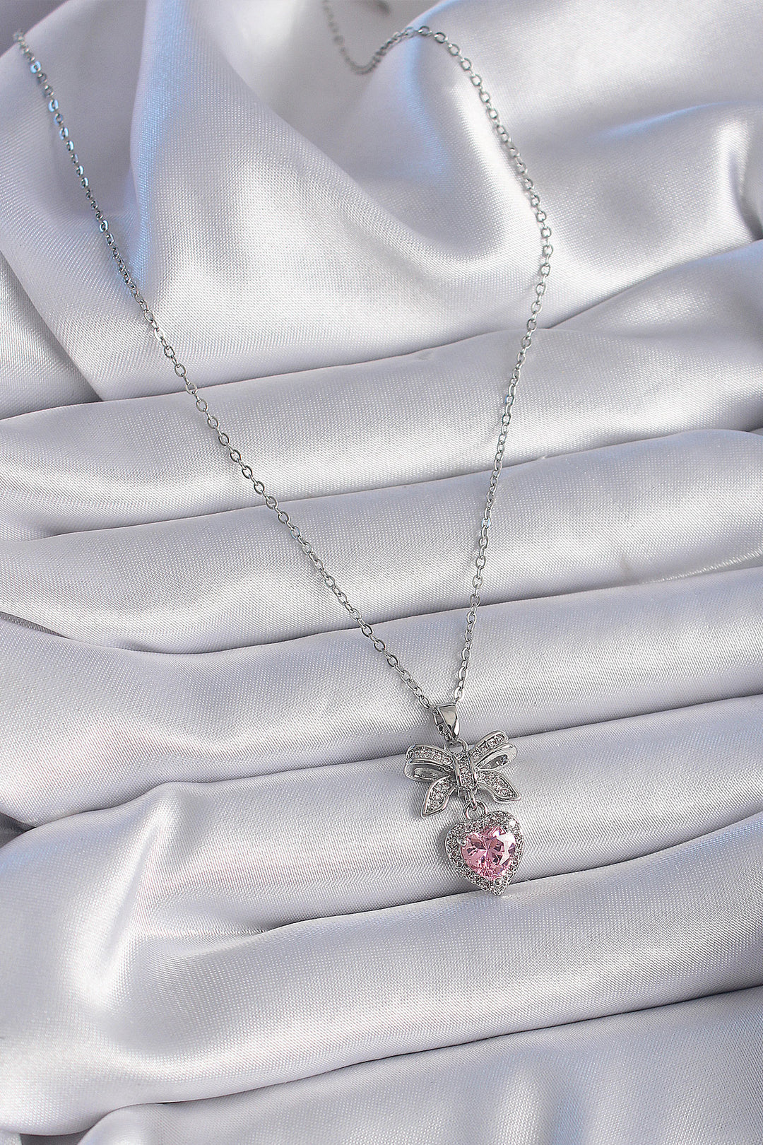 EBJ 316L Stainless Steel Silver Color Chain with Zircon Stone Ribbon Pink Heart Model Women's Necklace - Solihull