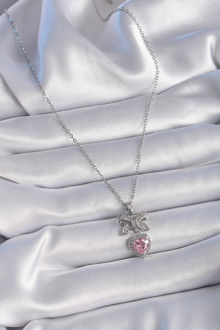 EBJ 316L Stainless Steel Silver Color Chain with Zircon Stone Ribbon Pink Heart Model Women's Necklace - Solihull