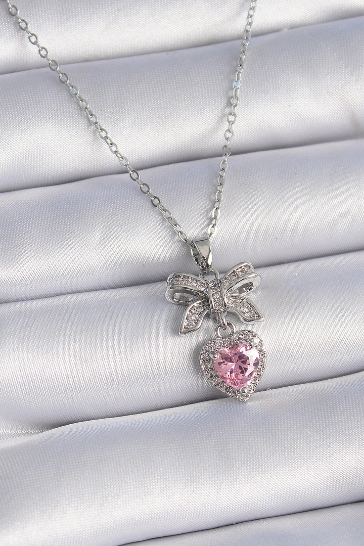EBJ 316L Stainless Steel Silver Color Chain with Zircon Stone Ribbon Pink Heart Model Women's Necklace - Solihull