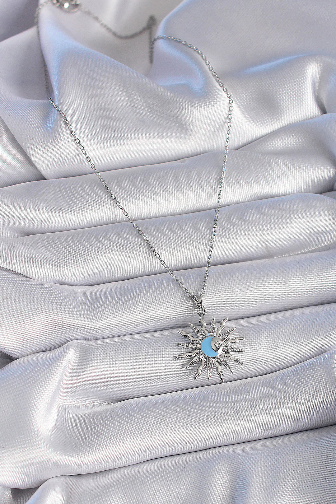 EBJ 316L Stainless Steel Silver Color Chain Sun Figure Women's Necklace with Zircon Stone - Texcoco
