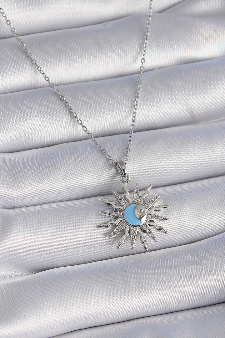 EBJ 316L Stainless Steel Silver Color Chain Sun Figure Women's Necklace with Zircon Stone - Texcoco