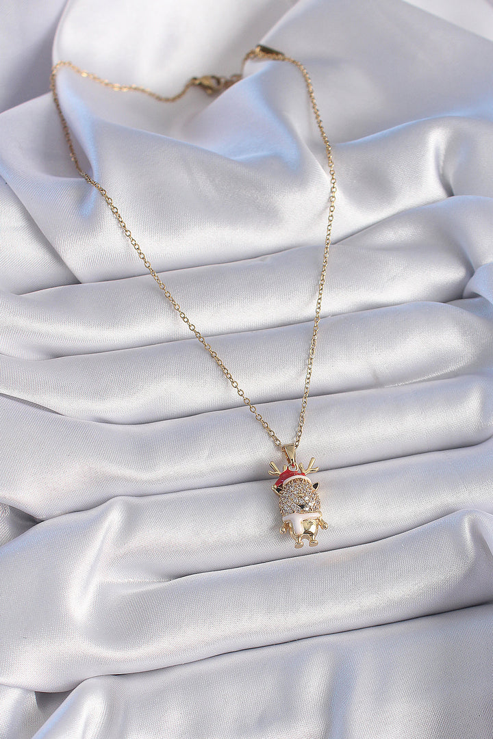 EBJ 316L Steel Gold Color Zircon Stone New Year Themed Reindeer Figure Women's Necklace - Pinneberg