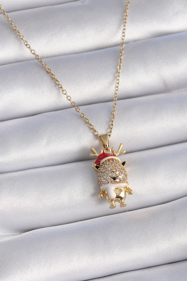 EBJ 316L Steel Gold Color Zircon Stone New Year Themed Reindeer Figure Women's Necklace - Pinneberg