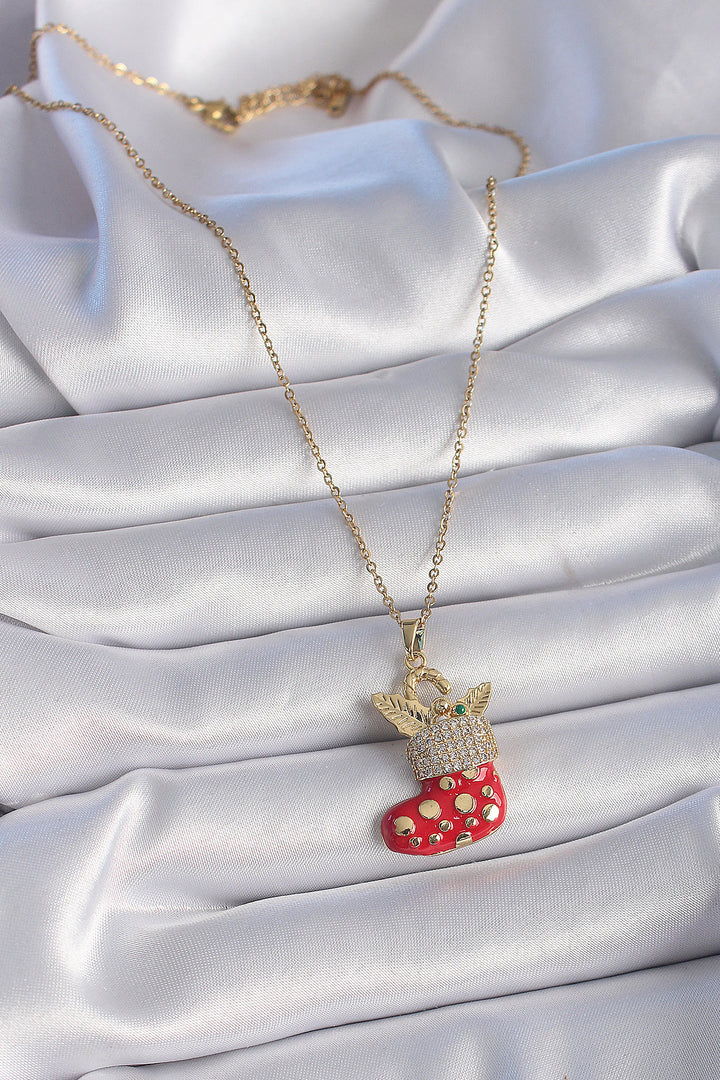 EBJ 316L Steel Gold Color Chain with Zircon Stone New Year Themed Red Christmas Stocking Figure Women's Necklace - Welland