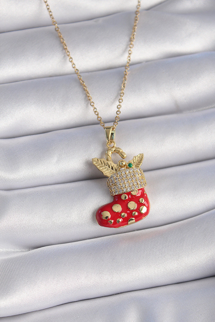 EBJ 316L Steel Gold Color Chain with Zircon Stone New Year Themed Red Christmas Stocking Figure Women's Necklace - Welland