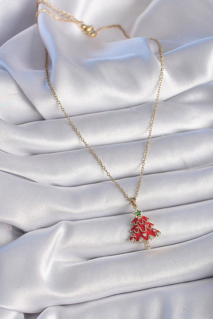 EBJ 316L Steel Gold Color Chain with Zircon Stone Detailed New Year Themed Red Pine Tree Figure Women's Necklace - Ravensburg