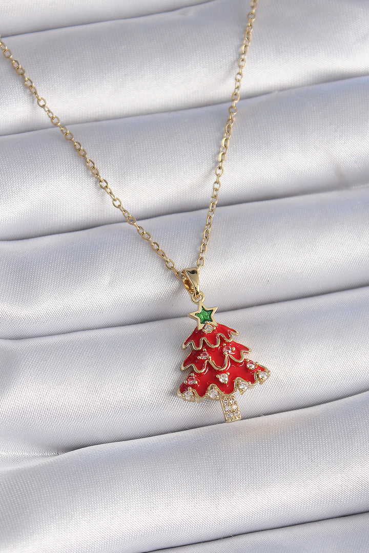 EBJ 316L Steel Gold Color Chain with Zircon Stone Detailed New Year Themed Red Pine Tree Figure Women's Necklace - Ravensburg
