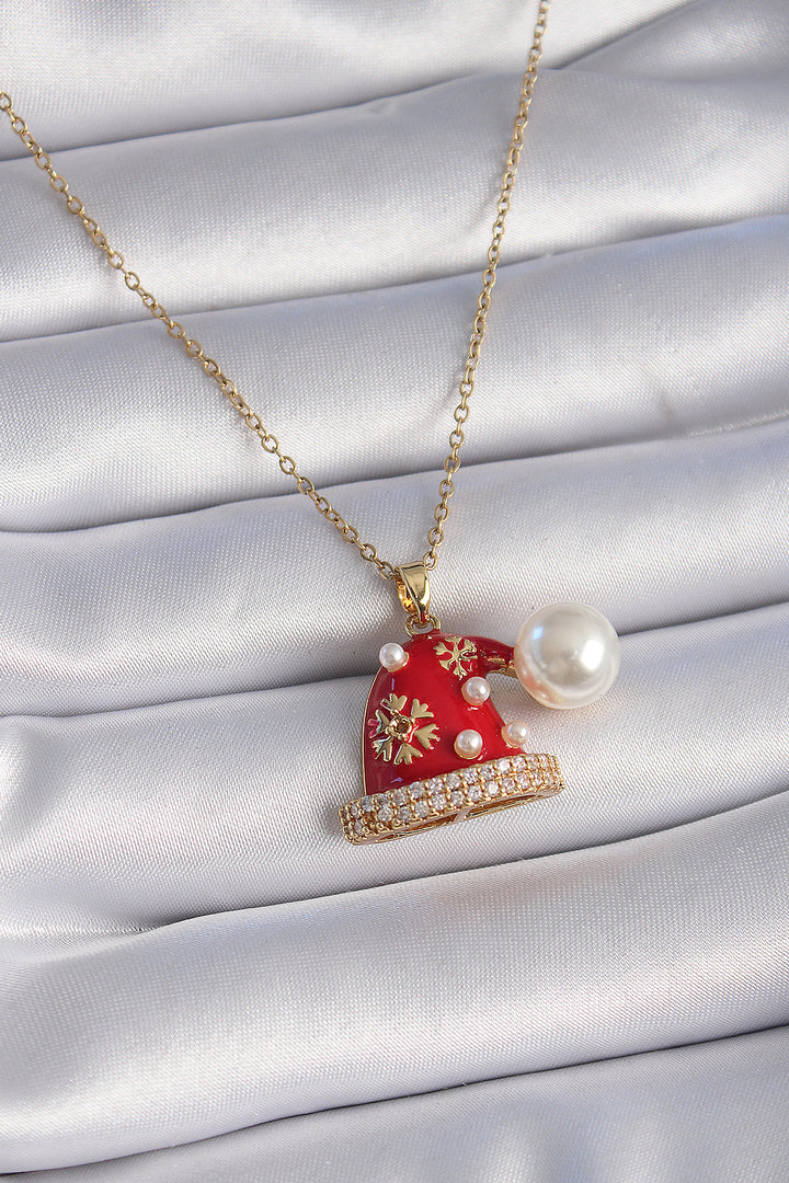 EBJ 316L Steel Gold Color Chain with Zircon Stone New Year Themed Christmas Hat Figure Women's Necklace - Gladbeck