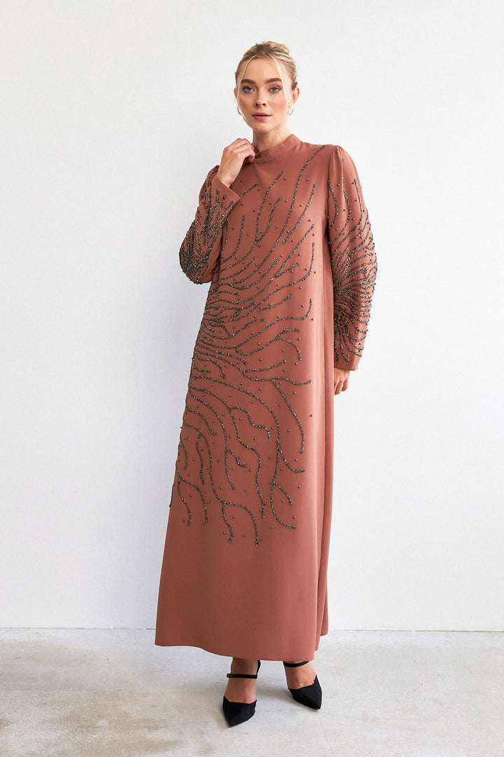 ZRF Women Velina Stone-Embroidered Evening Dress - Camel - Teruel
