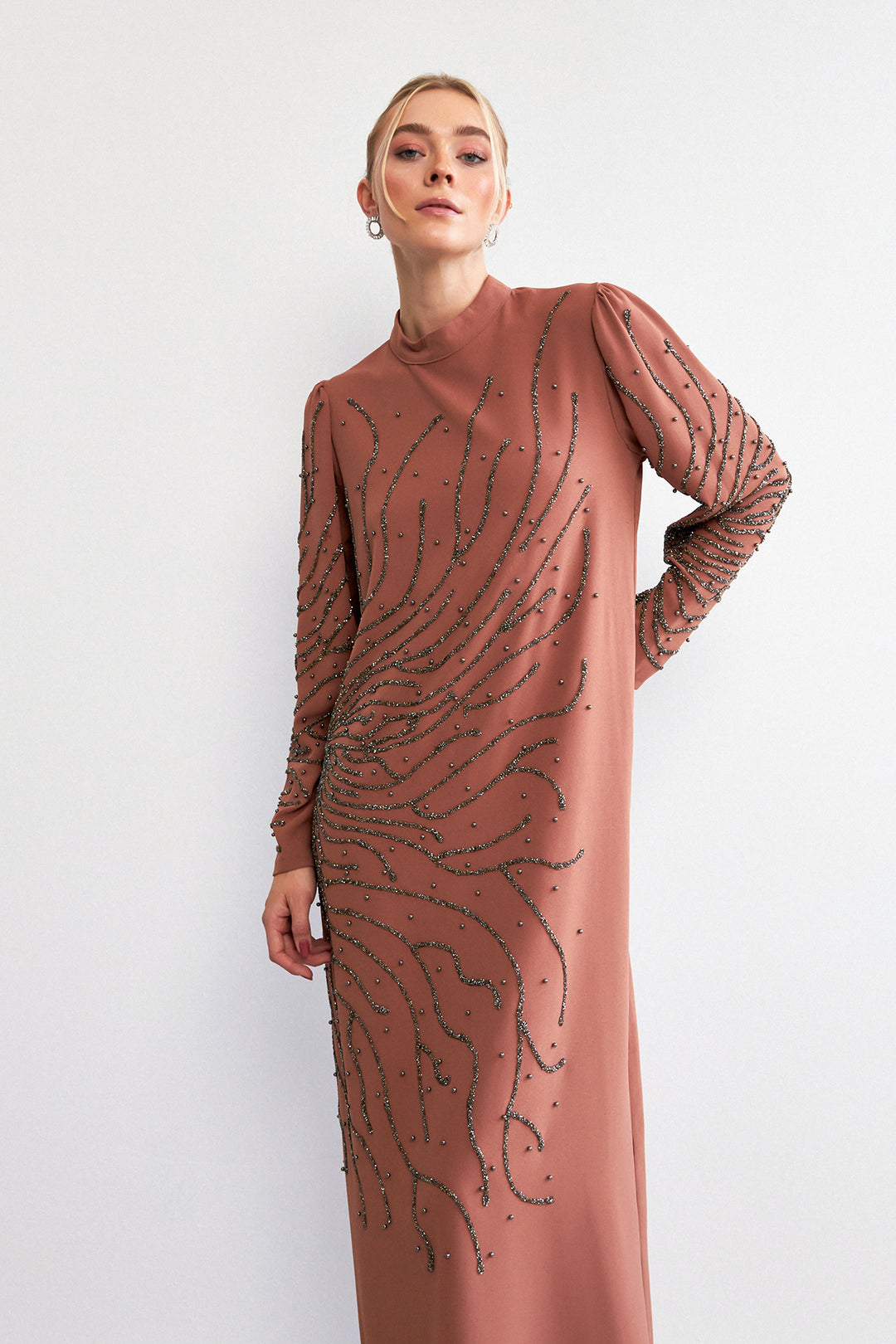 ZRF Women Velina Stone-Embroidered Evening Dress - Camel - Teruel