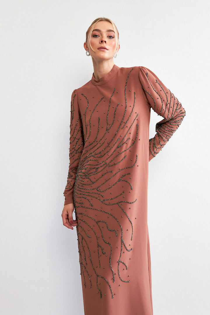ZRF Women Velina Stone-Embroidered Evening Dress - Camel - Teruel