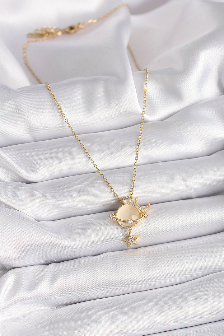 EBJ 316L Steel Gold Color Chain with Zircon Stone Yellow Enamel Crescent Star Model Women's Necklace - Fort Worth
