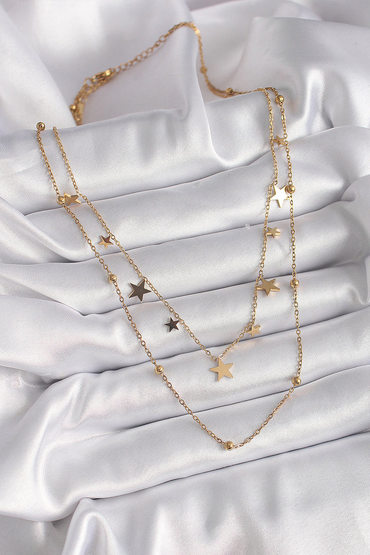EBJ 316L Steel Gold Color Chain 2-Piece Star Model Bead Detail Women's Necklace - Bell Gardens