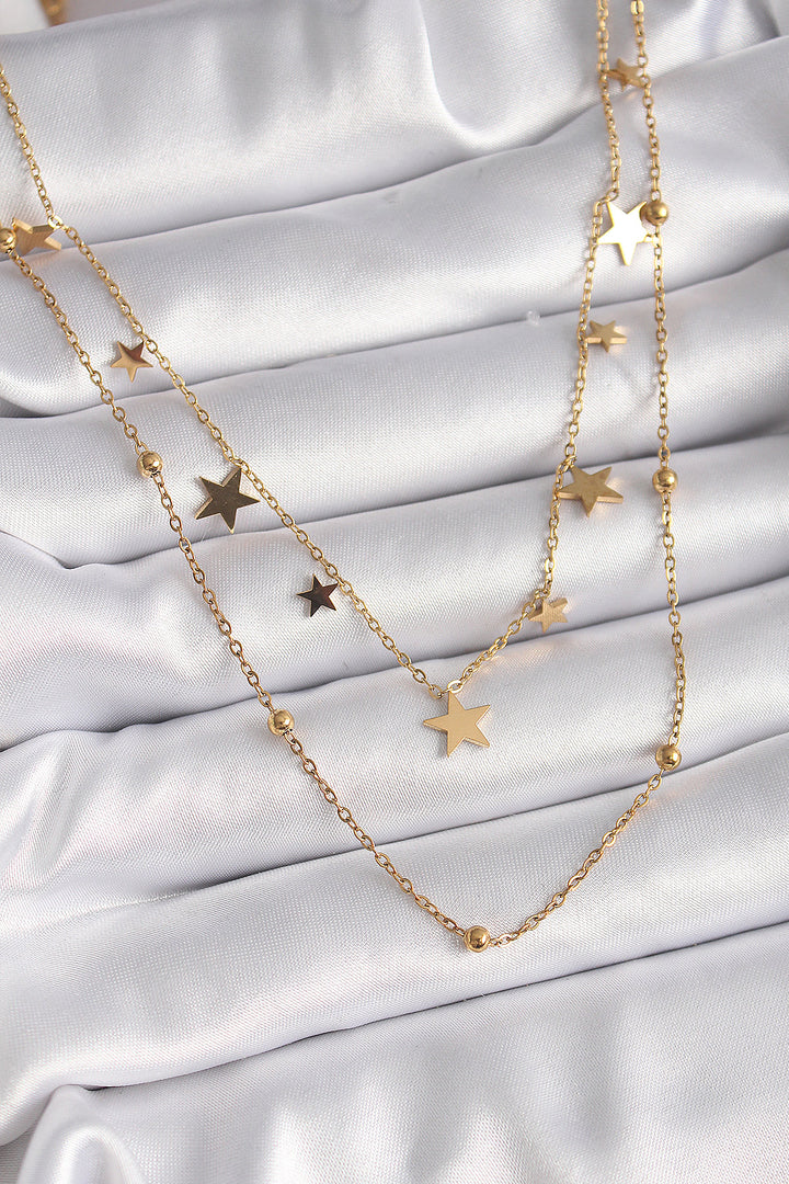 EBJ 316L Steel Gold Color Chain 2-Piece Star Model Bead Detail Women's Necklace - Bell Gardens