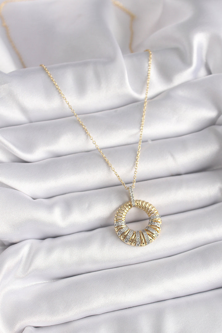 EBJ 316L Stainless Steel Gold Color Chain Silver Zircon Stone Circular Model Women's Necklace - Henderson