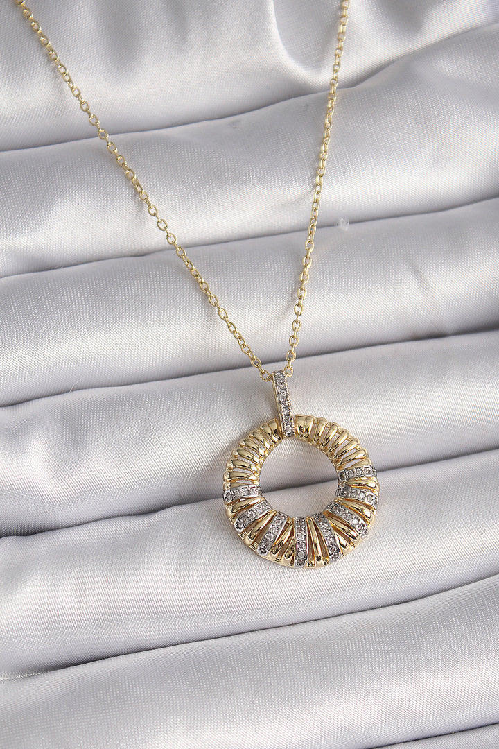 EBJ 316L Stainless Steel Gold Color Chain Silver Zircon Stone Circular Model Women's Necklace - Henderson