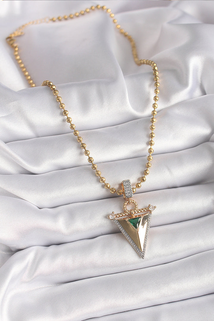 EBJ 316L Steel Gold Color Ball Chain with Zircon Stone 3D Triangle Model Women's Necklace - Corby