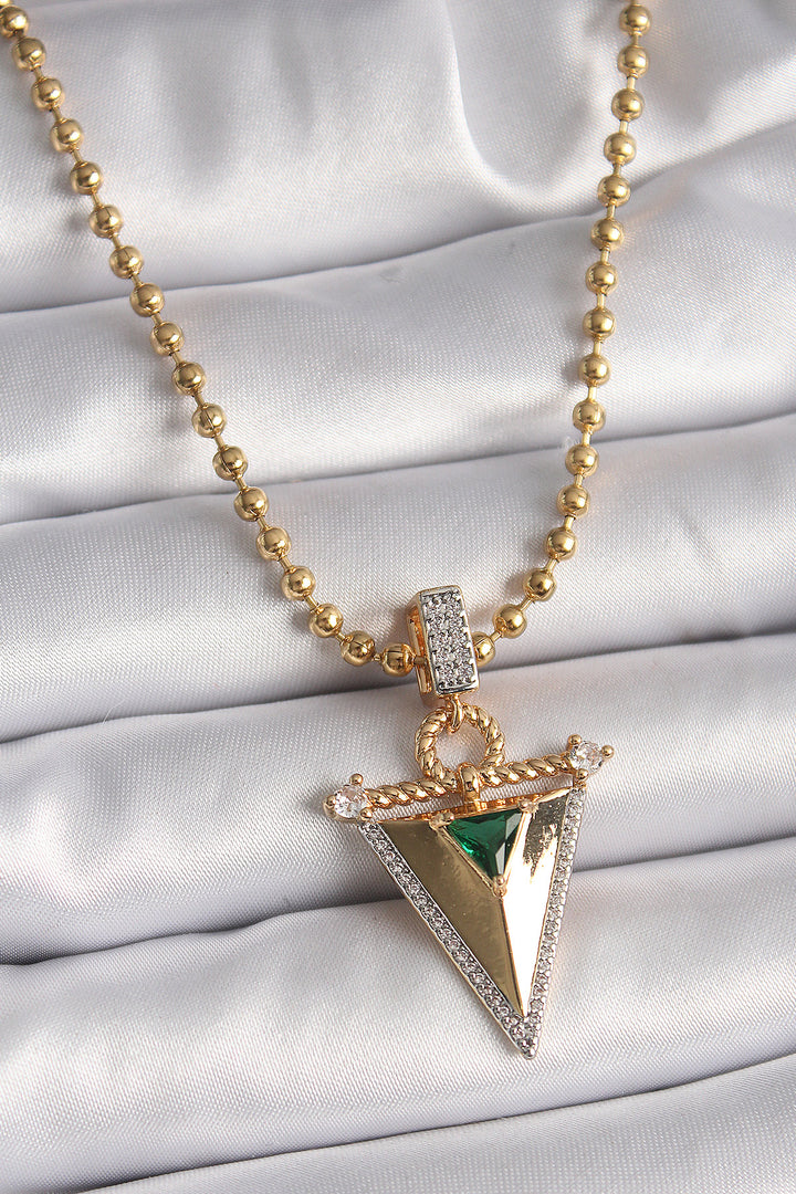 EBJ 316L Steel Gold Color Ball Chain with Zircon Stone 3D Triangle Model Women's Necklace - Corby
