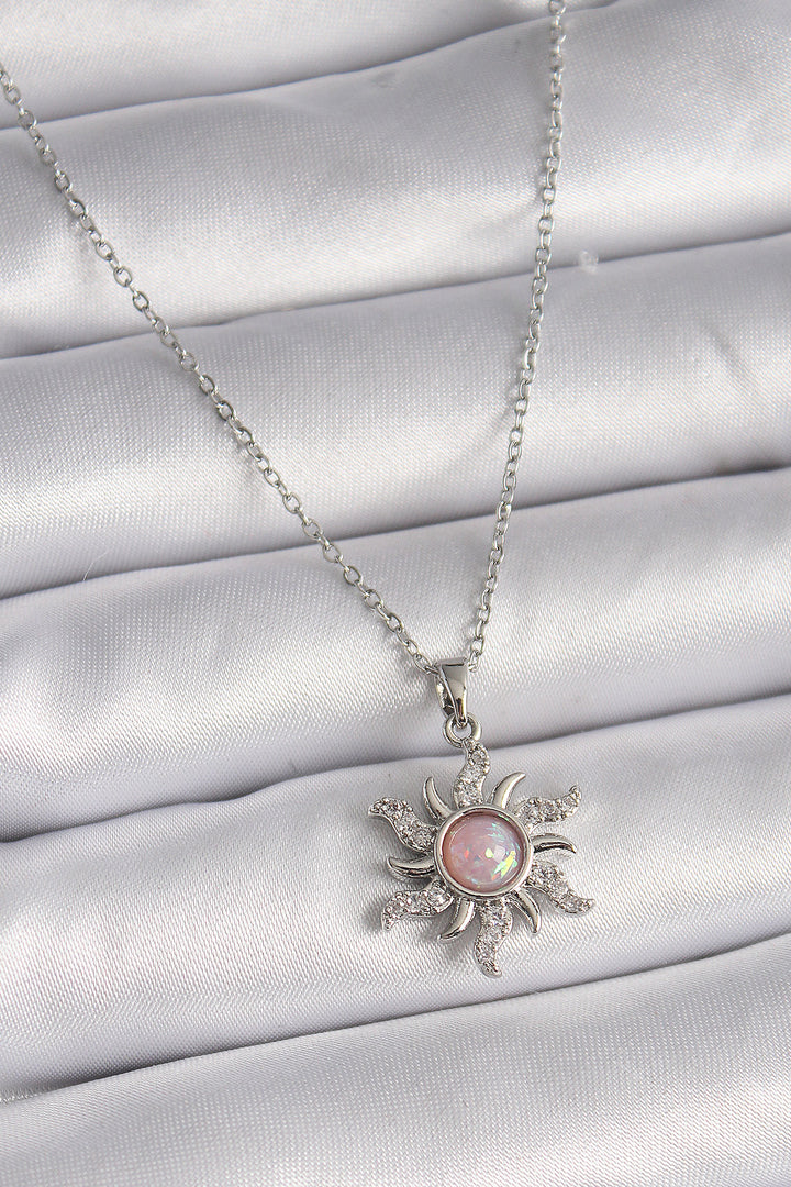 EBJ 316L Stainless Steel Silver Color Chain Pink Enamel Zircon Stone Sun Design Women's Necklace - Portici