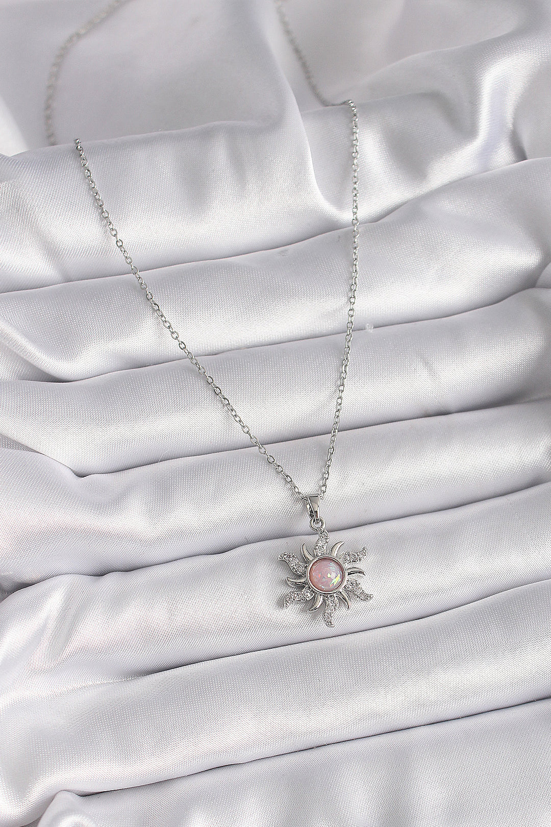 EBJ 316L Stainless Steel Silver Color Chain Pink Enamel Zircon Stone Sun Design Women's Necklace - Portici