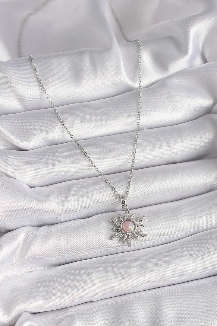EBJ 316L Stainless Steel Silver Color Chain Pink Enamel Zircon Stone Sun Design Women's Necklace - Portici