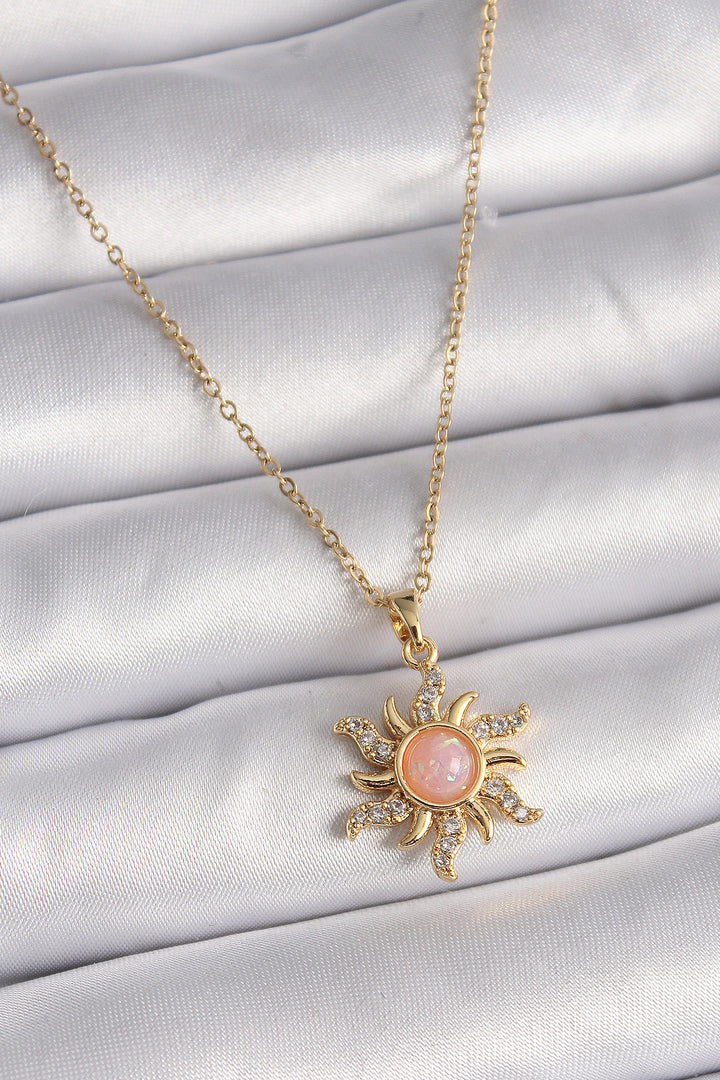 EBJ 316L Steel Gold Color Chain Pink Enamel Zircon Stone Sun Design Women's Necklace - San Felipe del Progreso