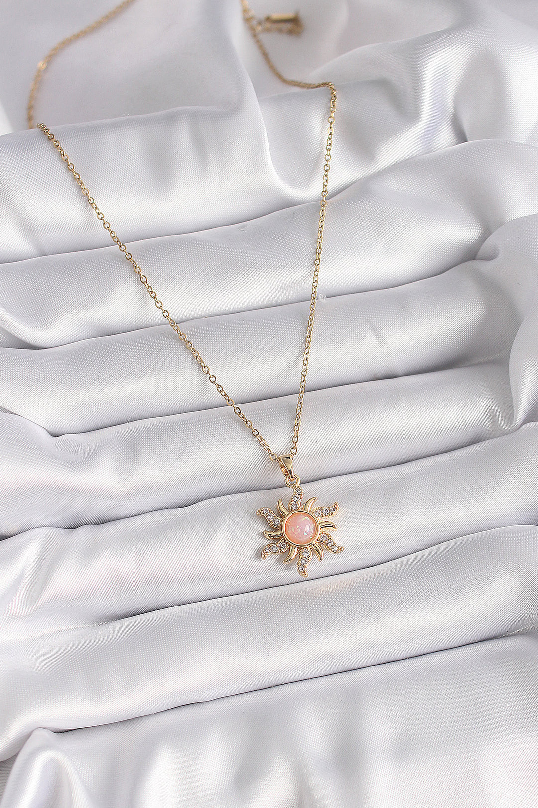 EBJ 316L Steel Gold Color Chain Pink Enamel Zircon Stone Sun Design Women's Necklace - San Felipe del Progreso