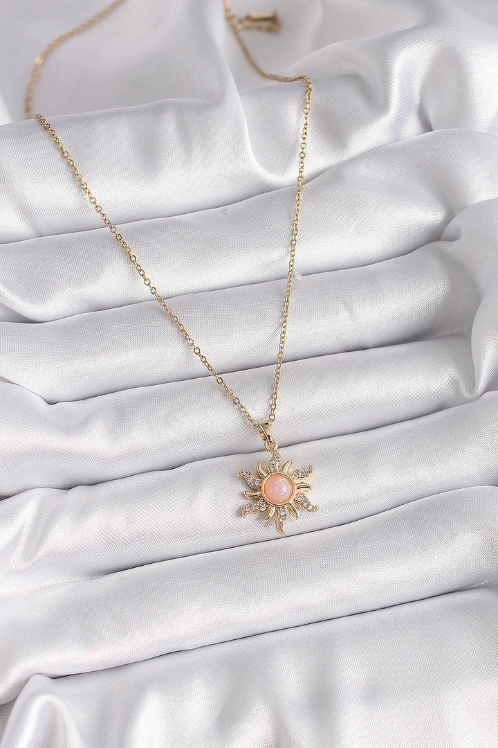 EBJ 316L Steel Gold Color Chain Pink Enamel Zircon Stone Sun Design Women's Necklace - San Felipe del Progreso