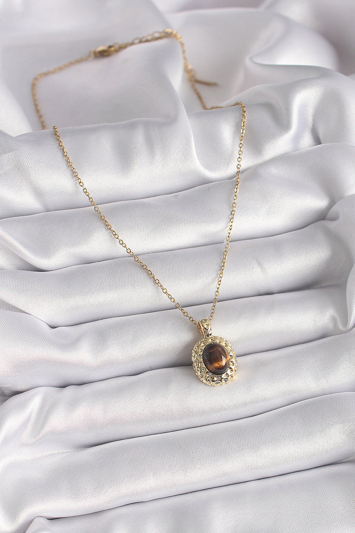 EBJ 316L Steel Gold Color Chain Amber Bead Model Women's Necklace - Vannes
