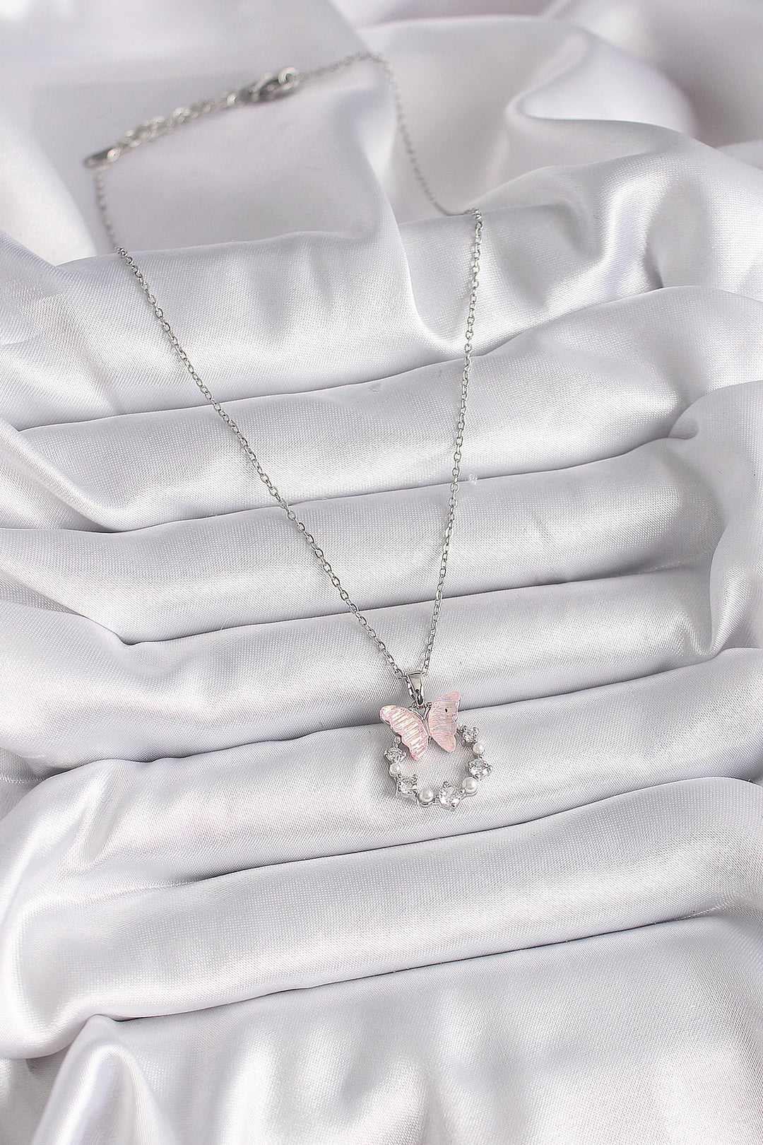 EBJ 316L Stainless Steel Silver Color Chain with Zircon Stone Pink Enamel Butterfly Model Women's Necklace - San Dimas