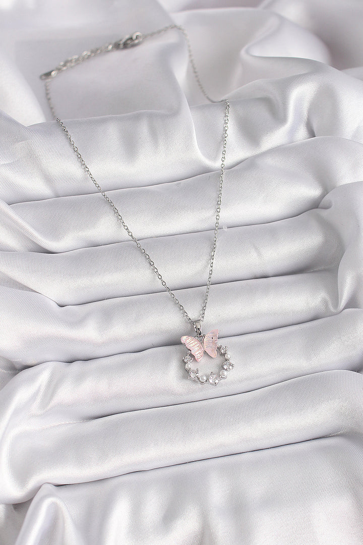EBJ 316L Stainless Steel Silver Color Chain with Zircon Stone Pink Enamel Butterfly Model Women's Necklace - San Dimas