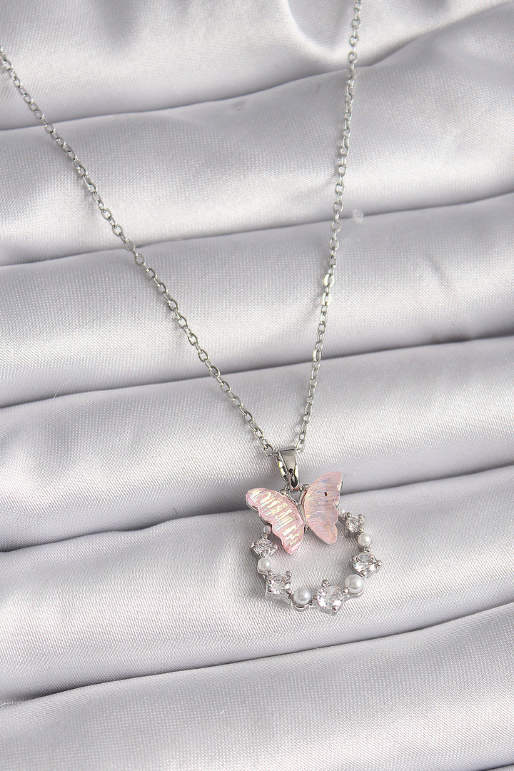 EBJ 316L Stainless Steel Silver Color Chain with Zircon Stone Pink Enamel Butterfly Model Women's Necklace - San Dimas
