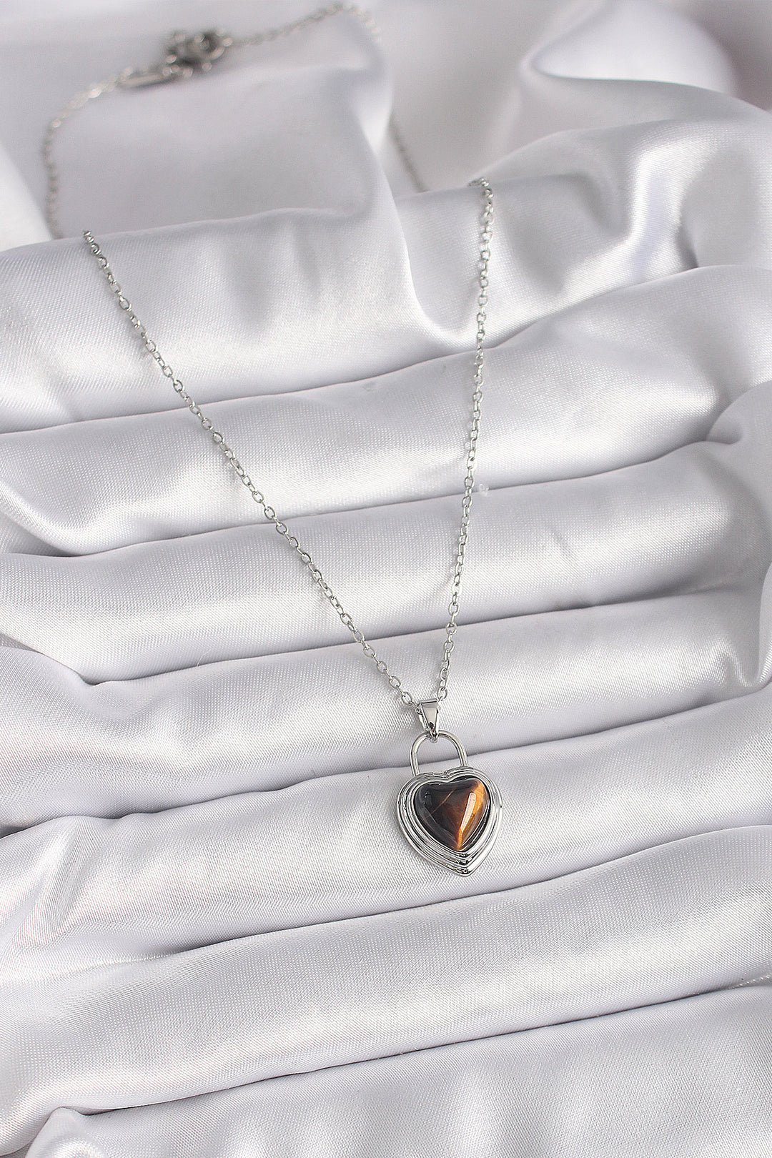 EBJ 316L Stainless Steel Silver Color Chain Lock Heart Amber Bead Model Women's Necklace - Fredericksburg