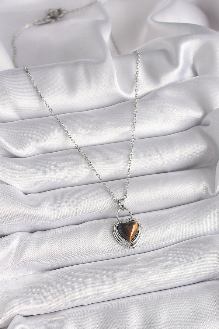 EBJ 316L Stainless Steel Silver Color Chain Lock Heart Amber Bead Model Women's Necklace - Fredericksburg