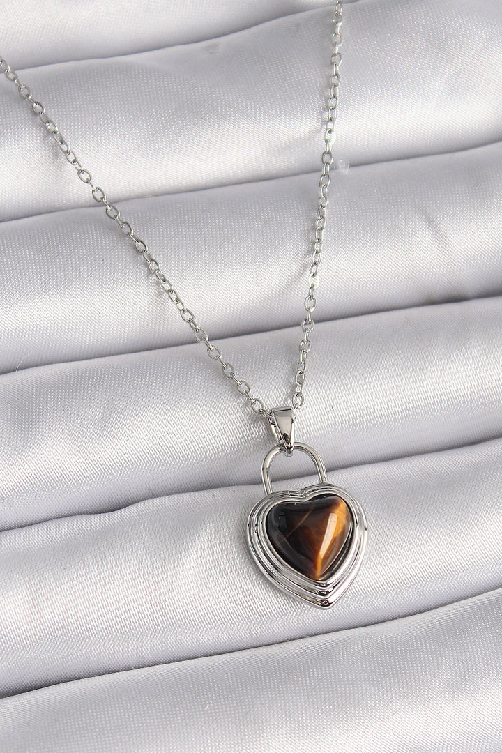 EBJ 316L Stainless Steel Silver Color Chain Lock Heart Amber Bead Model Women's Necklace - Fredericksburg
