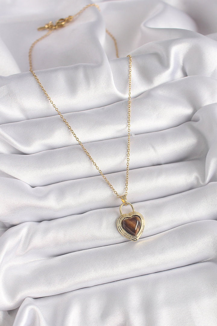 EBJ 316L Steel Gold Color Chain Lock Heart Amber Bead Model Women's Necklace - Rouyn-Noranda
