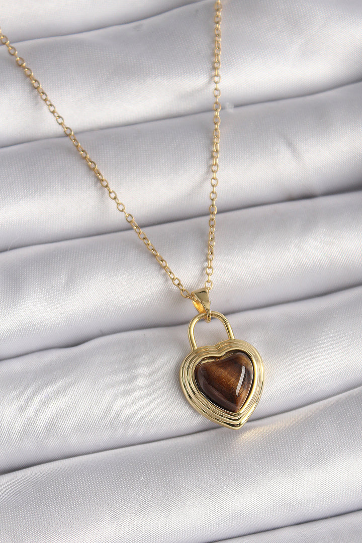 EBJ 316L Steel Gold Color Chain Lock Heart Amber Bead Model Women's Necklace - Rouyn-Noranda