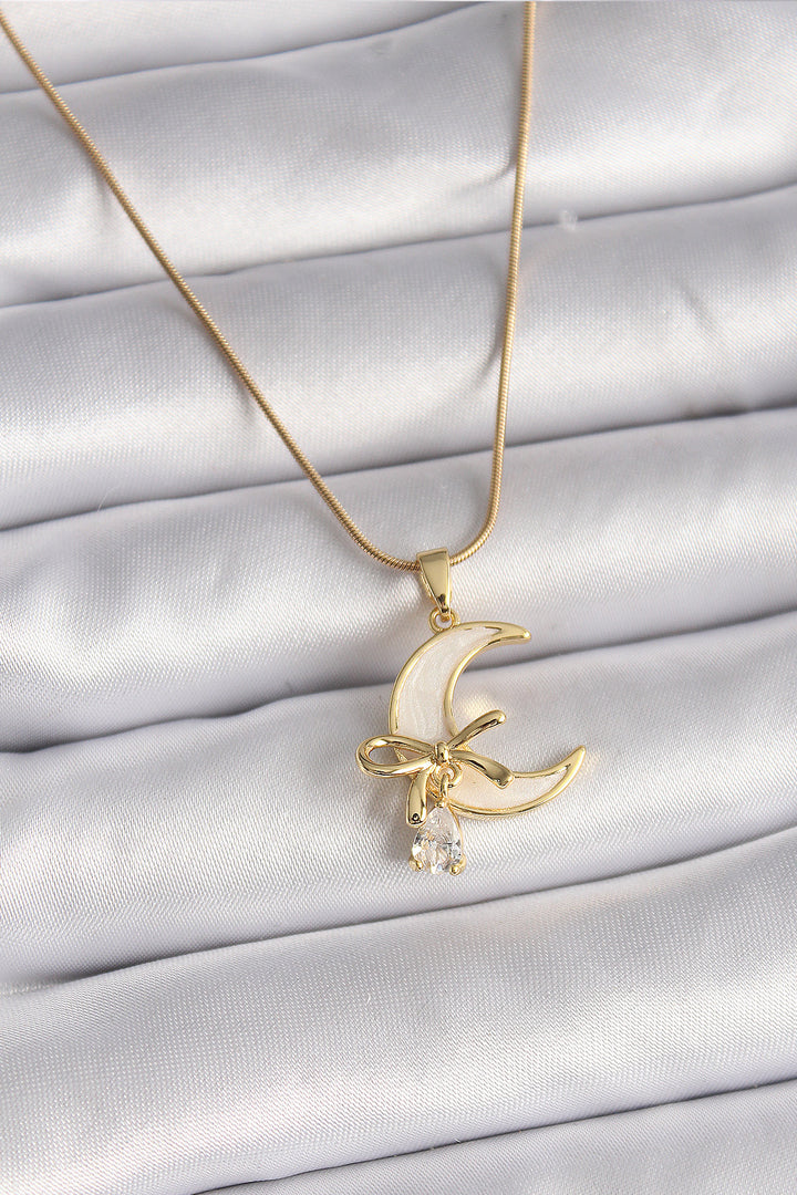 EBJ 316L Steel Gold Color Chain White Enamel Crescent Moon Model Zircon Stone Detail Women's Necklace - Zwickau