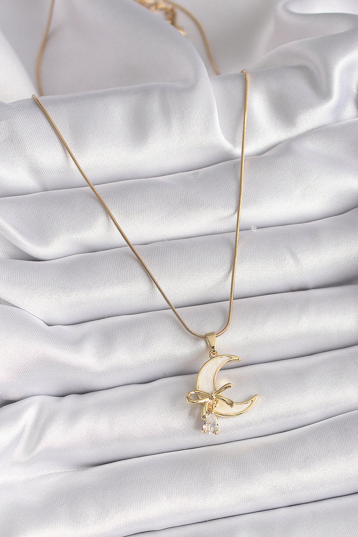 EBJ 316L Steel Gold Color Chain White Enamel Crescent Moon Model Zircon Stone Detail Women's Necklace - Zwickau