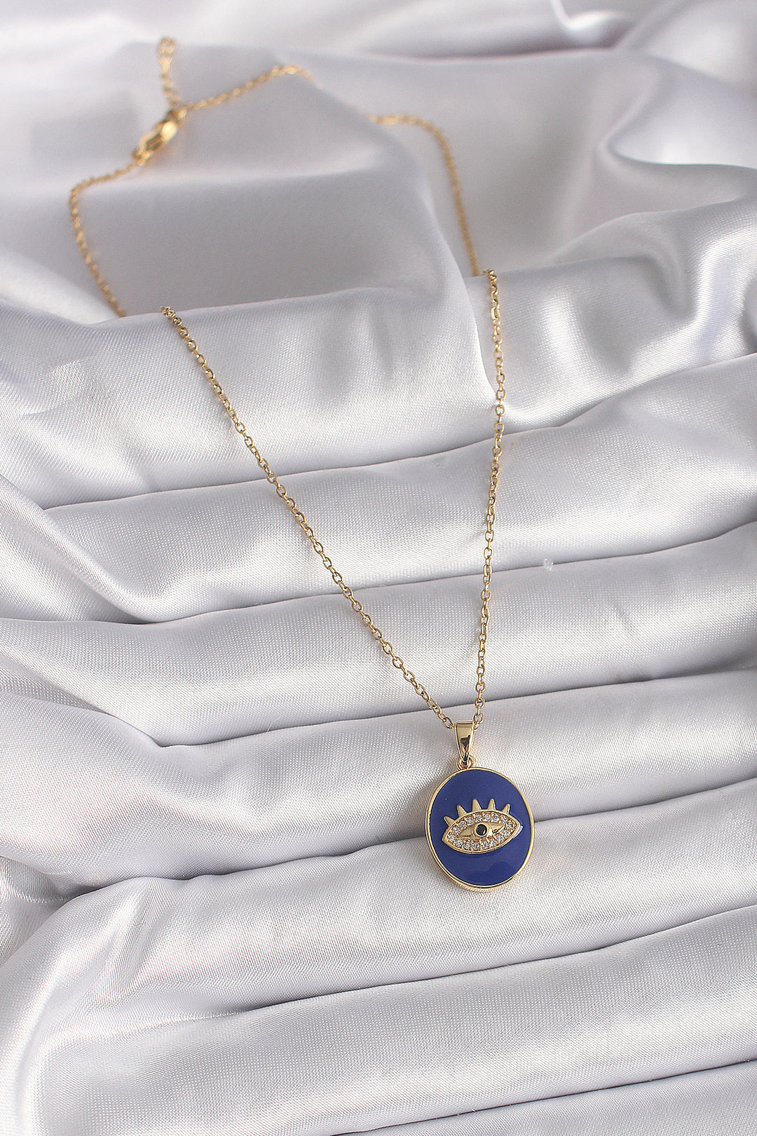 EBJ 316L Steel Gold Color Chain Blue Enamel Zircon Stone Eye Processing Women's Necklace - Oro Valley
